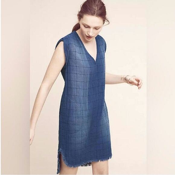 Cloth & Stone Quilted Chambray Blue Midi Dress Boho Chic Raw Hem Relaxed Fit XS - Picture 15 of 16